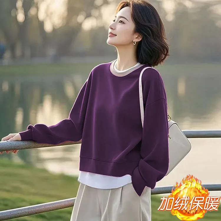 华棉短款圆领春秋冬拼接新款加绒/不加绒纯色外套女士小个子卫衣