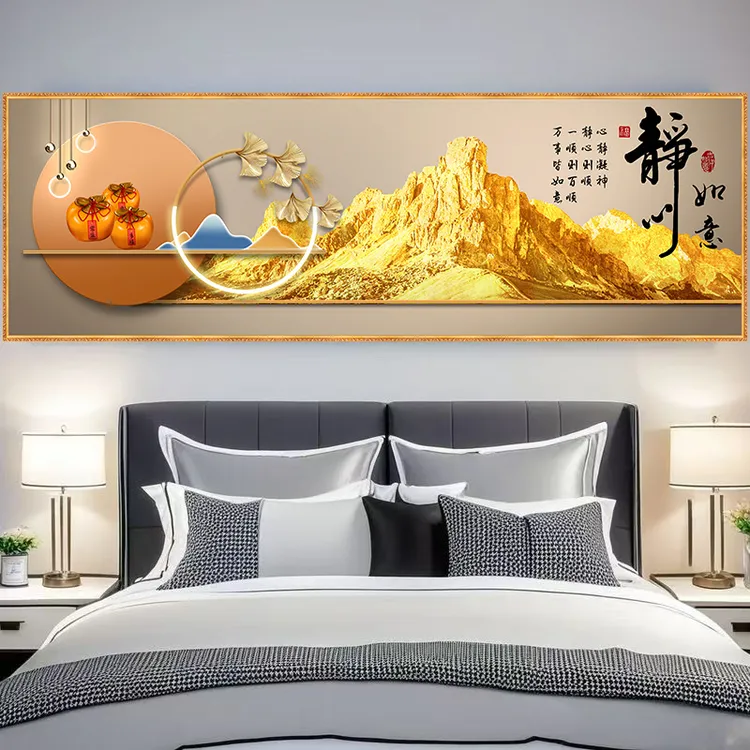 背靠金山床头画卧室装饰画客厅沙发墙贴画百福图自粘画现代山水画
