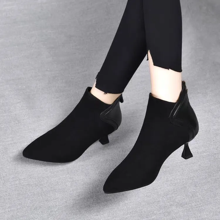 磨砂皮尖头细跟时装裸靴2025秋冬新款休闲时尚气质百搭防滑马丁靴