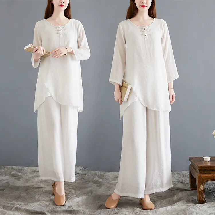 禅舞服装女套装中国风禅意仙女飘逸白色茶服禅服大码两件套代发