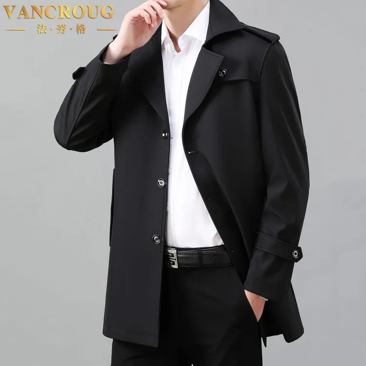 VANCROUG/法劳格风衣男士秋季中长款加肥加大码休闲纯色商务上衣 
