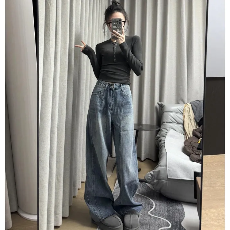 裤长112cm高个子加长牛仔镰刀裤女设计感小众宽松显瘦阔腿弯刀裤