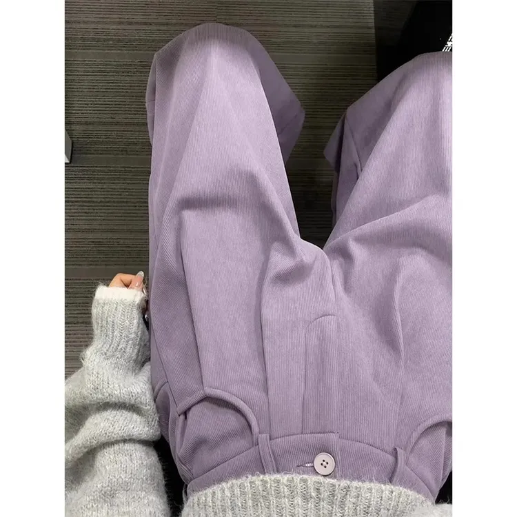 紫色灯芯绒裤女秋冬加绒2025新款小个子高腰宽松直筒裤垂感阔腿裤