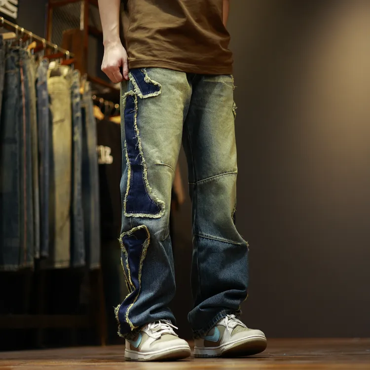668水洗复古美式潮流高街贴布宽松个性直筒牛仔裤