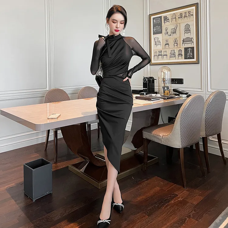 婷婷衣恋5576秋装新款时尚法式气质网纱拼接修身不规则包臀连衣裙
