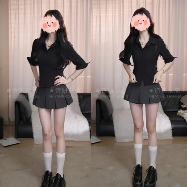 2025夏季新款辣妹职业修身显瘦衬衣韩系中腰百搭A字百褶裙套装女