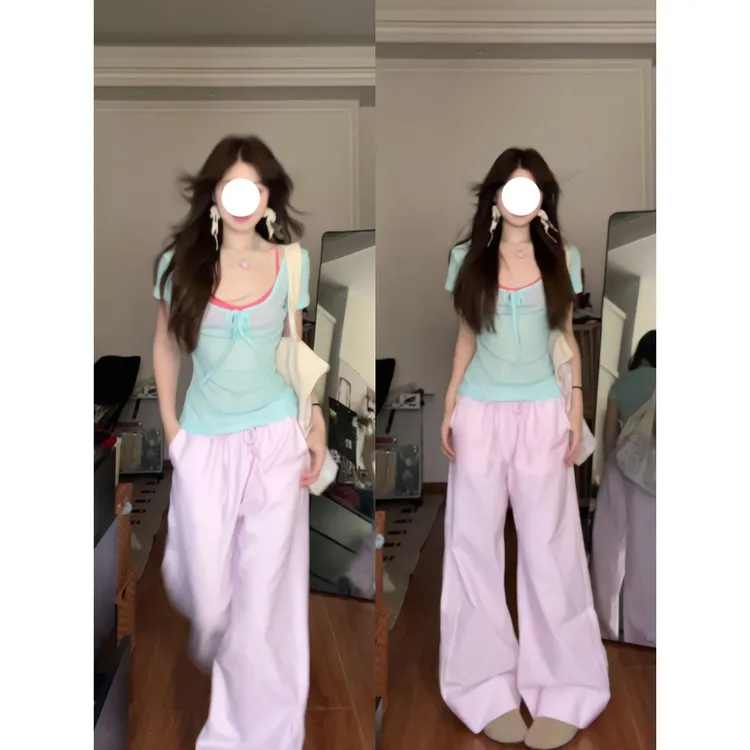 节奏曲多巴胺穿搭薄荷绿绑绳微透短袖t恤心机辣妹上衣阔腿裤套装