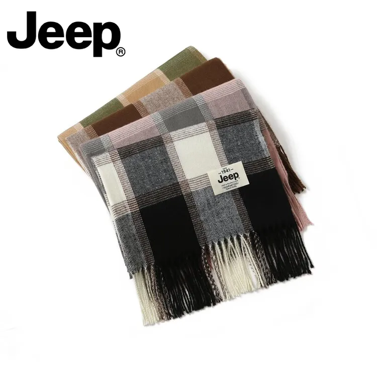 Jeep秋冬披围两用仿羊绒格子流苏保暖加厚披肩围脖韩系绒线围巾