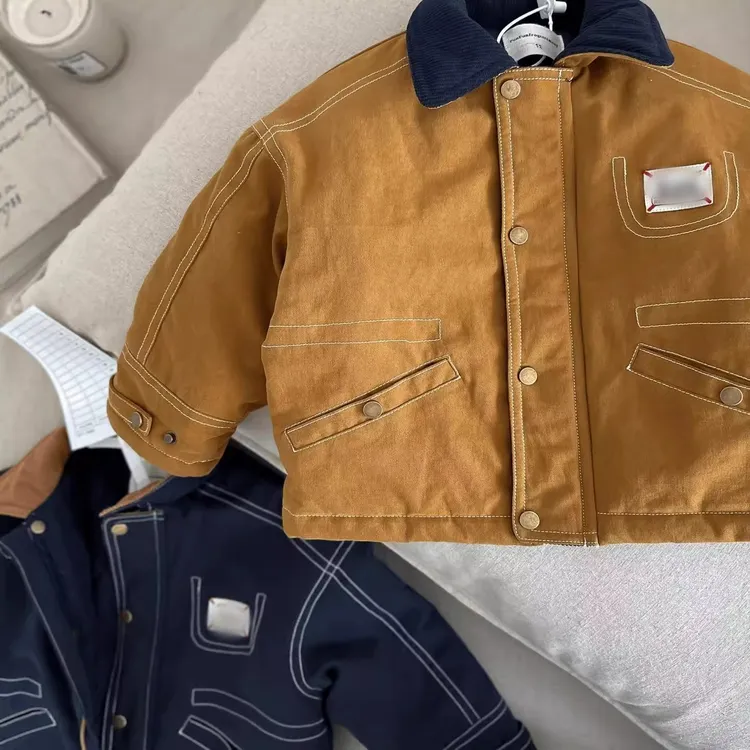 常规款加厚儿童拼接男童纯色棉袄韩版日系秋冬中童格子棉服