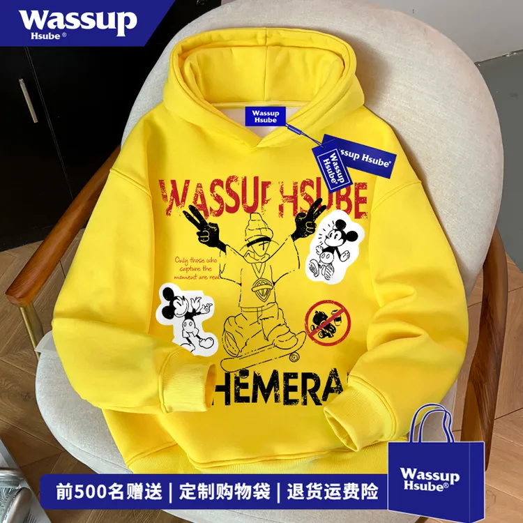 WASSUP HSUBE美式hiphop复古印花连帽卫衣秋冬男女百搭无口袋上衣