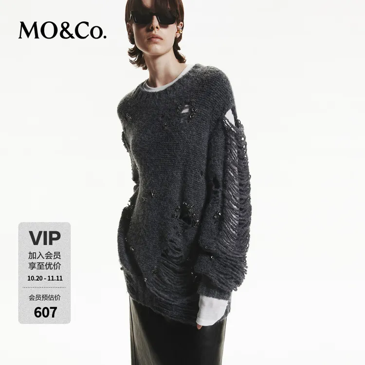 MOCO秋破洞黑钻饰绵羊毛混纺毛衣MBD3SWT005
