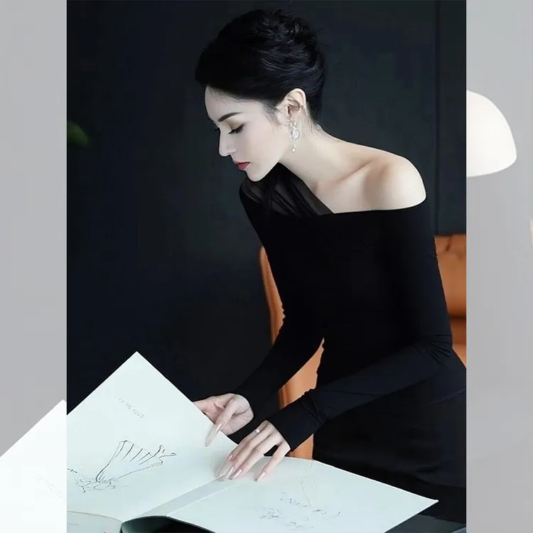 独特漂亮内搭斜肩蕾丝小衫秋冬季穿搭打底露肩长袖t恤洋气上衣女