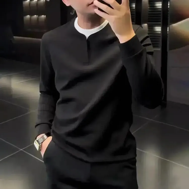 2025秋冬男士长袖假两件净版双领卫衣休闲百搭撞色拼接打底衫上衣