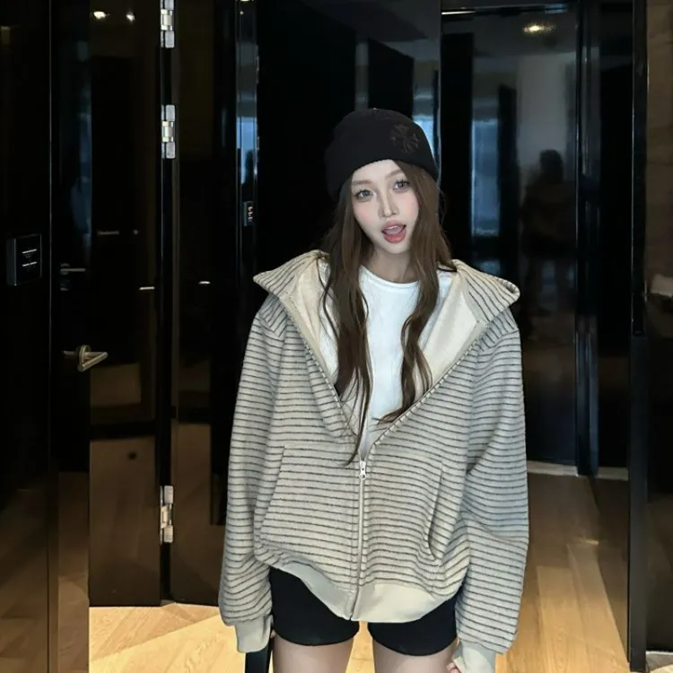 黎帮主美式条纹连帽拉链外套女2025秋季新款小众休闲宽松开衫上衣