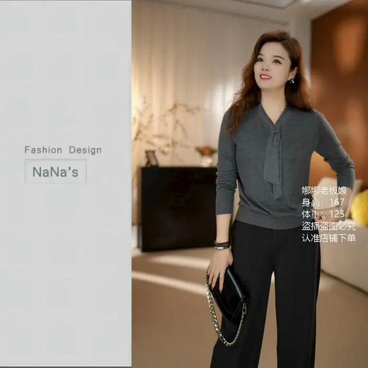 NaNa's 优雅烫钻v领飘带细羊毛长袖针织衫女秋装新款时尚上衣6220