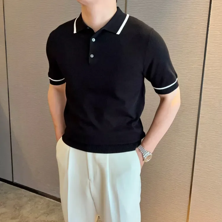 新款夏季条纹男士型韩版针织轻奢常规短袖毛衣翻领痞帅薄款纯色