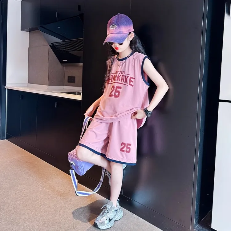 女童速干运动套装夏季2025新款女大童洋气夏装背心短裤女孩篮球服