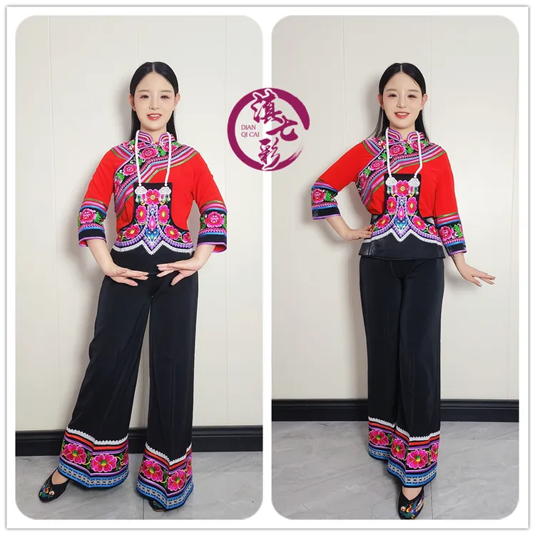 云南楚雄彝族左脚舞女装红色绿叶子大花单衣12寸大裤脚女裤跳脚舞