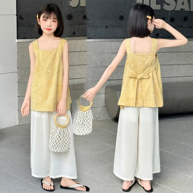 女童2025夏季新款甜美洋气无袖背心吊带上衣韩版宽松阔腿裤套装
