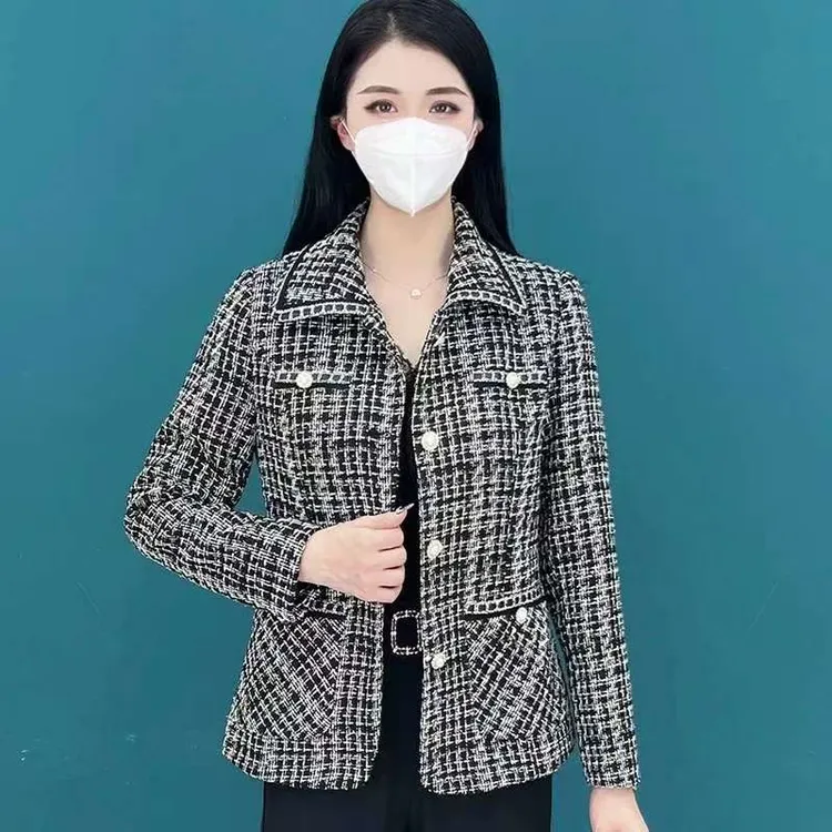 【薄款单层】大码女装妈妈春秋洋气小香风外套女装格子韩版上衣