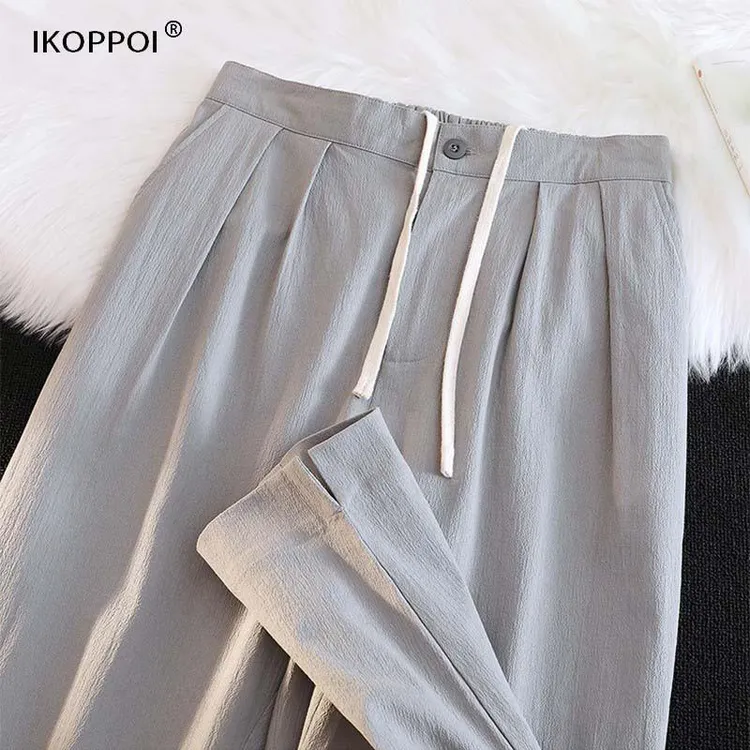 高端冰丝休闲裤男士夏季2025新款薄款九分裤韩版纯色直筒亚麻裤子