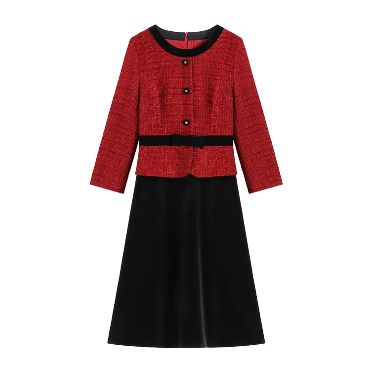 【南油虹姐】秋冬新款小香风丝绒拼接名媛显瘦气质裙子连衣裙