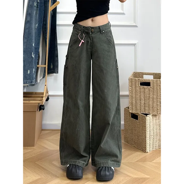 复古美式低腰设计感工装牛仔裤女夏秋新款宽松显瘦百搭拖地阔腿裤
