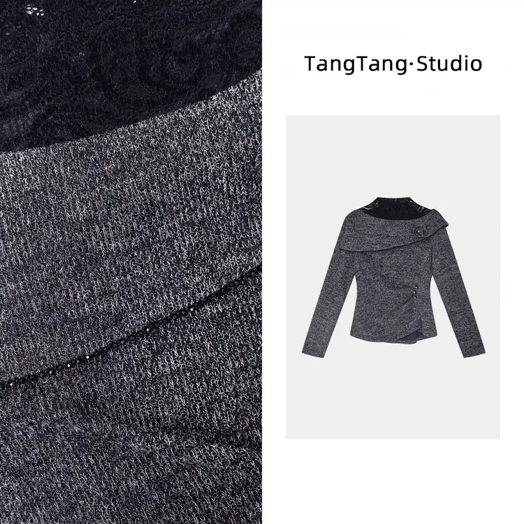 【TangTang·Studio】斜肩蕾丝上衣高级气质女装气质卫衣上衣-115558
