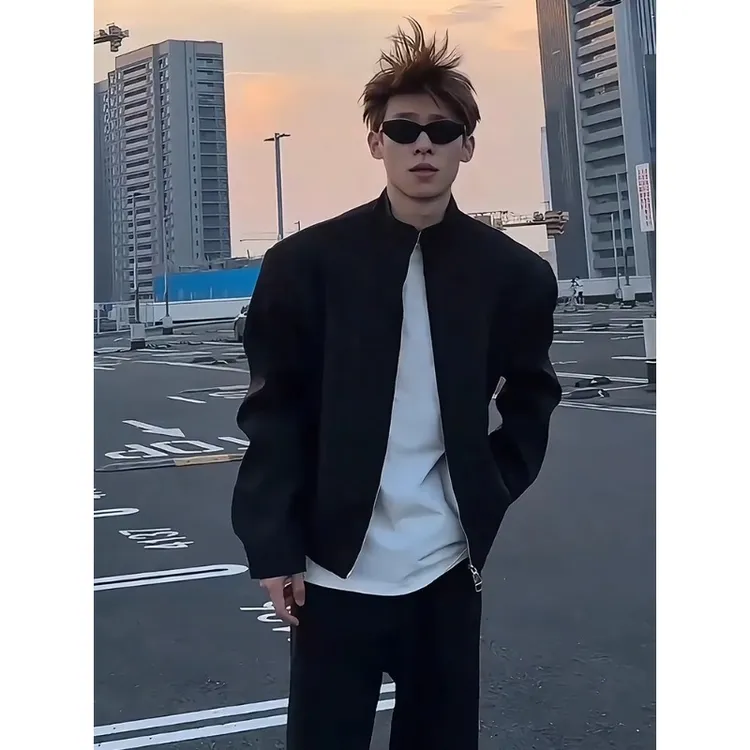 黑色短款垫肩夹克男秋季痞帅立领飞行员外套boxy版型潮牌开衫上衣