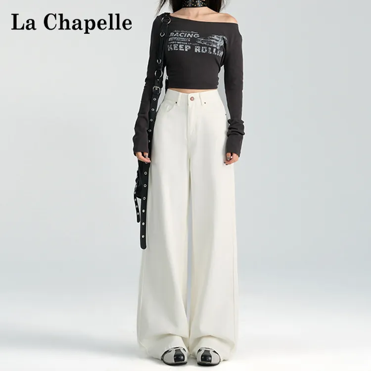 拉夏贝尔阔腿牛仔裤白色裤子女款2025加绒爆款胖mm显瘦垂感拖地裤