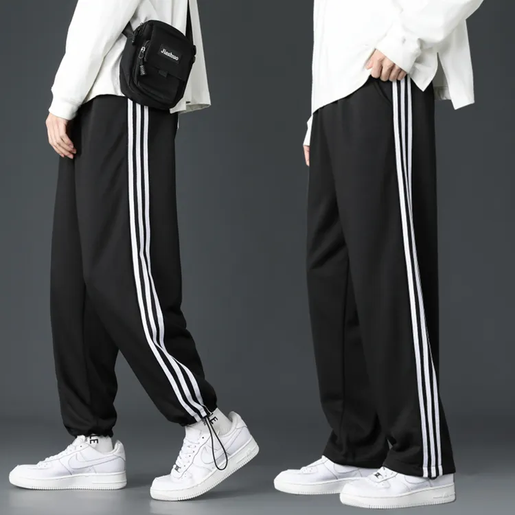 【新店福利】三条杠春秋宽松百搭潮流直筒抽绳束脚运动卫裤裤子时尚