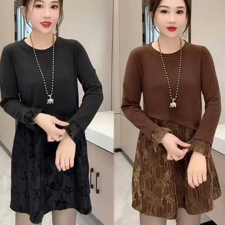 拼接长袖圆领套头秋冬季常规连衣裙洋气时尚女装显瘦百搭时髦裙子