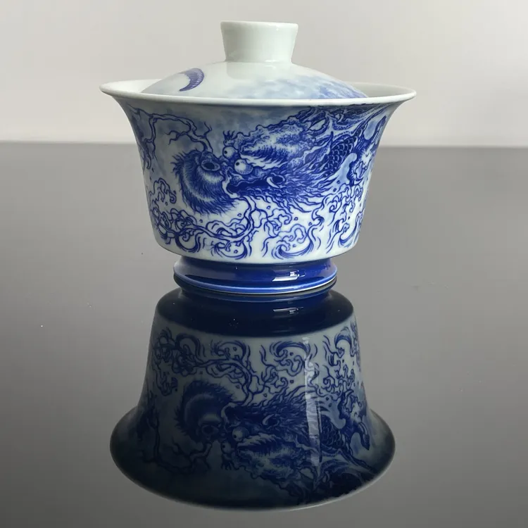 青花海水龙纹二才马蹄盖碗盖下120cc