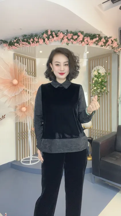 时尚百搭设计感修身显瘦翻领拼丝绒气质感假两件气质衬衫L1719-1
