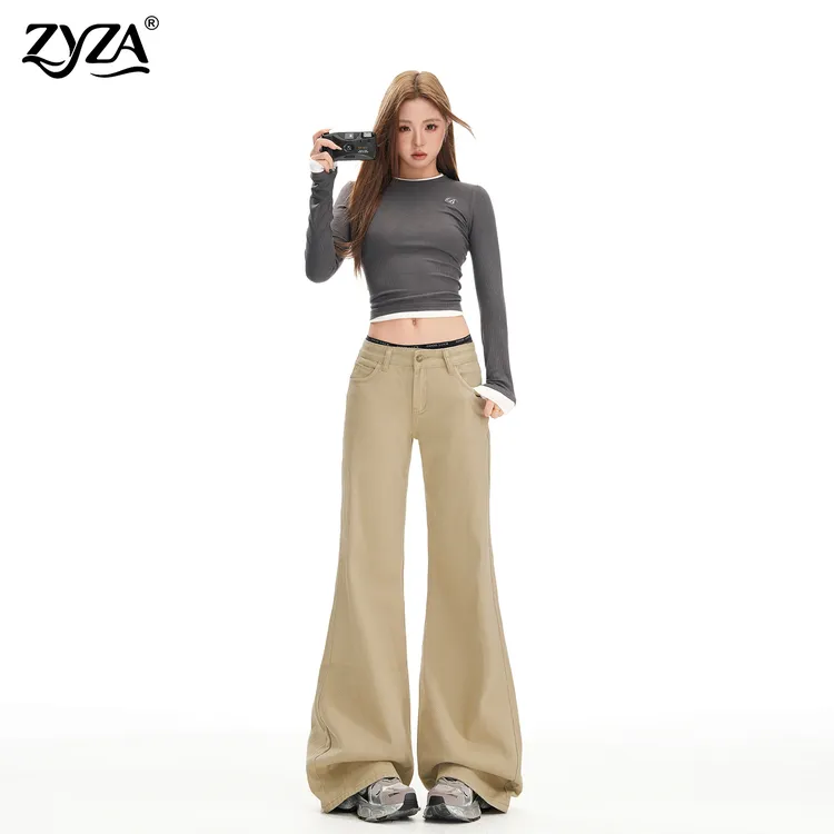 ZYZA卡其色微喇牛仔裤女秋冬加绒美式复古低腰宽松显瘦垂感马蹄裤