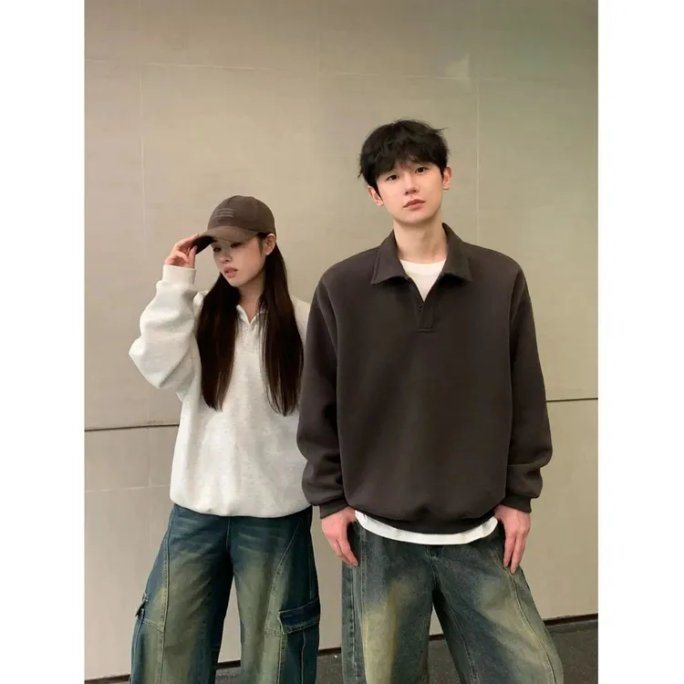 重磅套头卫衣男女秋款翻领POLO衫美式纯色潮牌休闲宽松外套