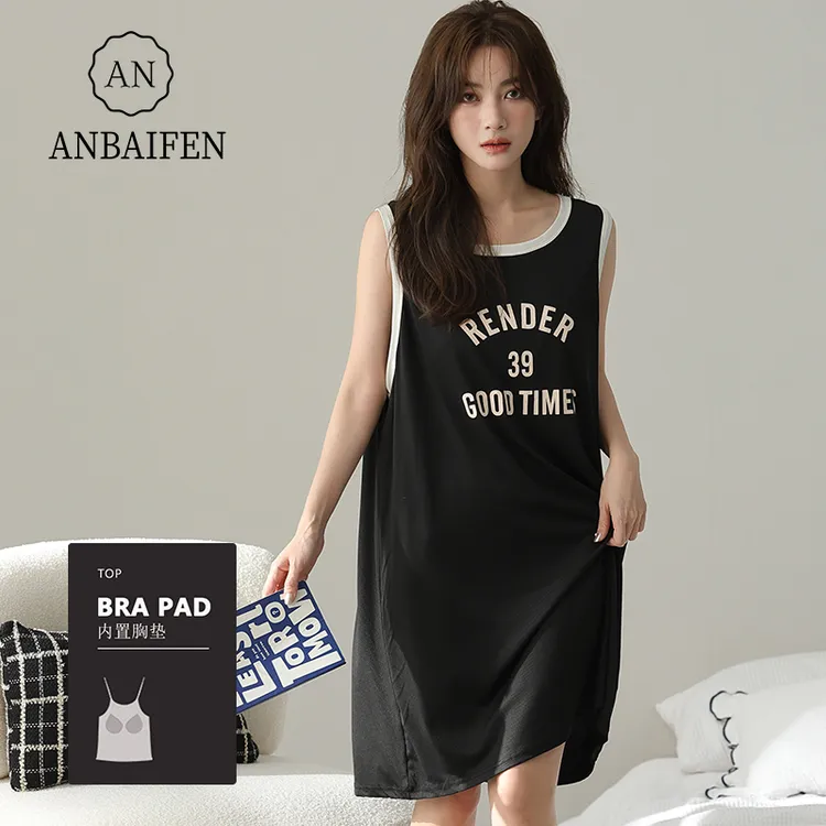 ins风睡裙女夏季带胸垫无袖运动背心裙薄款螺纹莫代尔显瘦连衣裙