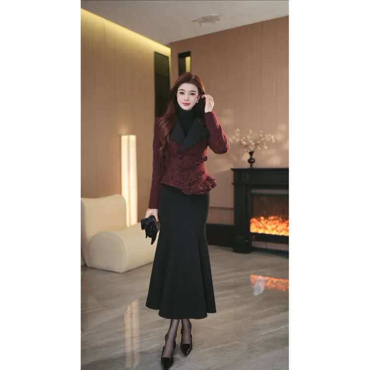 罗曼定制 高定原创红色收腰时尚西装领上衣+鱼尾半身裙套装女冬季