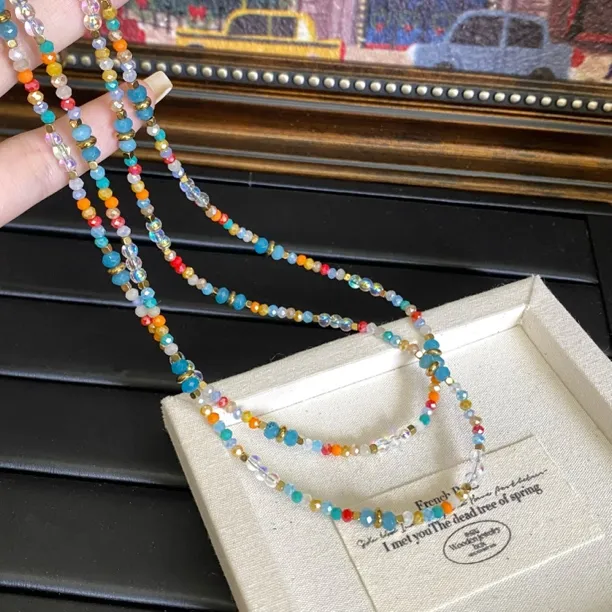 钛钢项链 【彩虹】夏日彩色多巴胺手工串珠小清新项链叠戴锁骨链D76