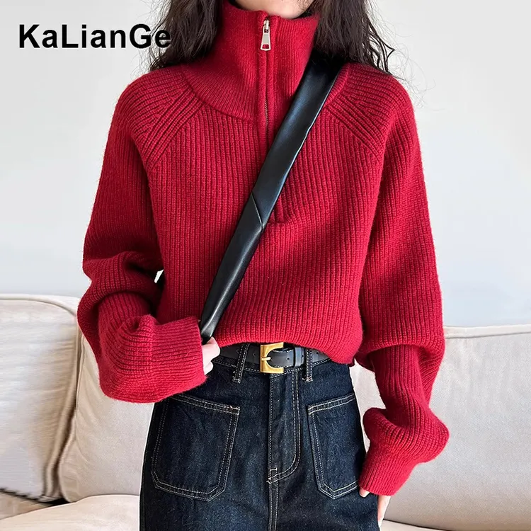 卡莲格/本命年红色套头针织衫女秋冬季半高领拉链设计感保暖上衣