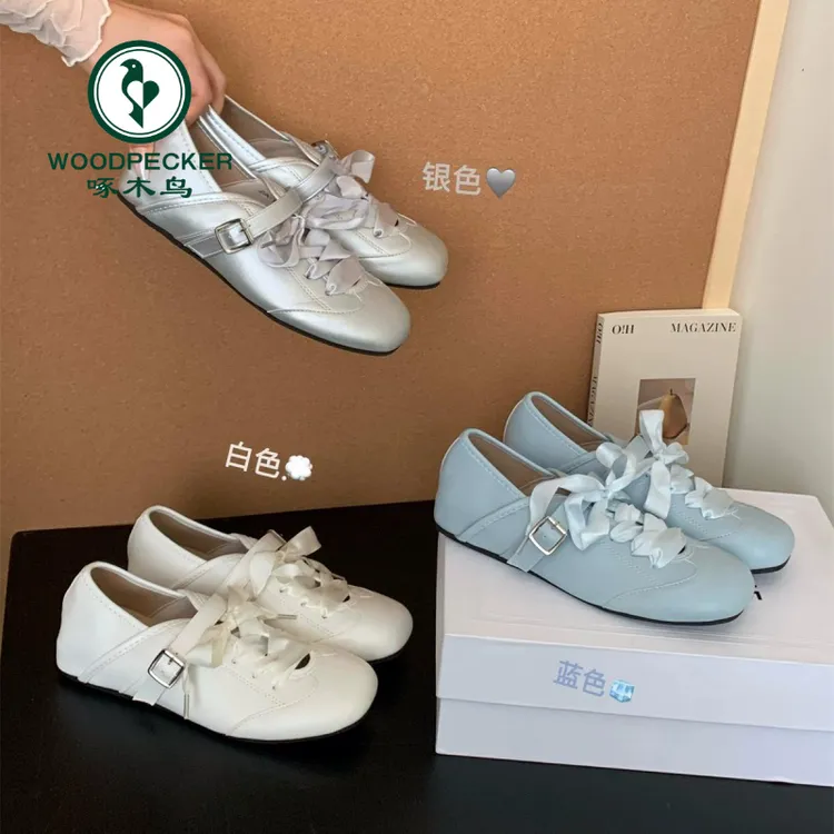 啄木鸟内增高银色玛丽珍单鞋女2025新款夏芭蕾舞蝴蝶结休闲德训鞋
