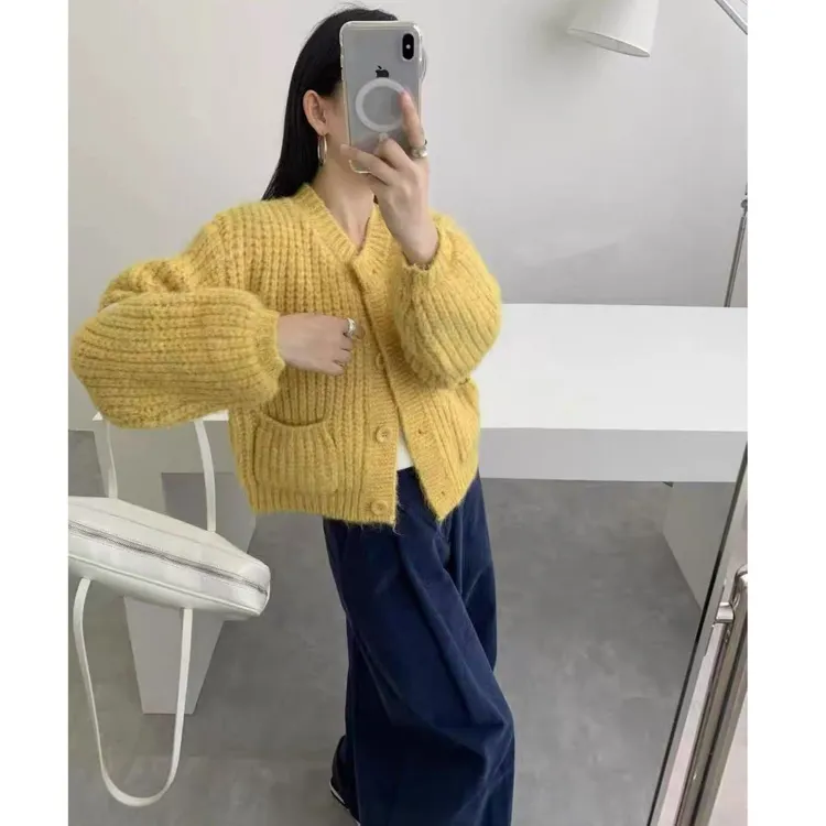韩系慵懒风口袋拼接单排扣开衫2025秋冬甜美减龄毛衣82161#0.1