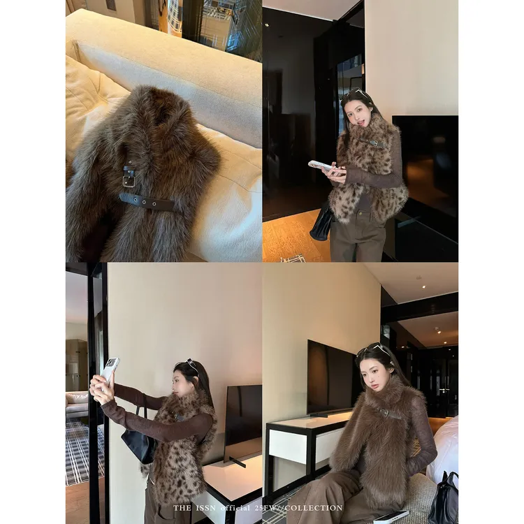 THEISSN宁司 豹纹保暖毛毛马甲女高级感外搭宽松无袖外套 01848