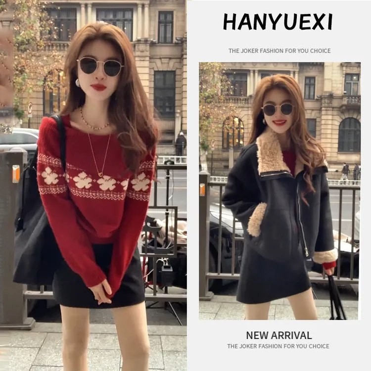 今年流行漂亮新年套装女2026新款时尚洋气减龄毛衣外套短裙三件套