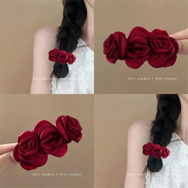 酒红色玫瑰花发夹女2025头花新年配饰侧边麻花辫发饰花朵夹子头饰