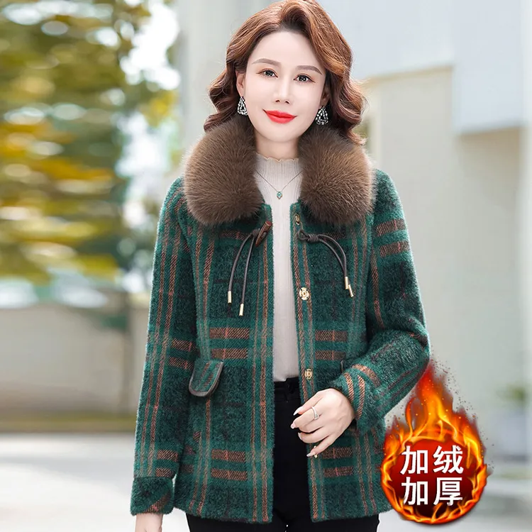 妈妈冬装外套加绒加厚棉衣洋气50岁60中老年女装冬季时尚毛呢大衣