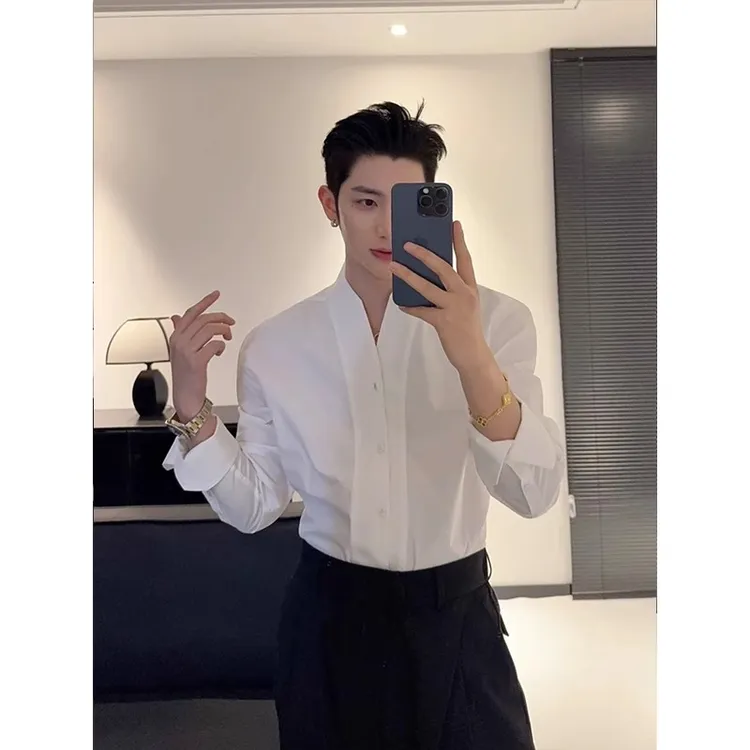 法式V领白色长袖衬衫男款高级感雅痞风西装内搭秋季修身无领衬衣