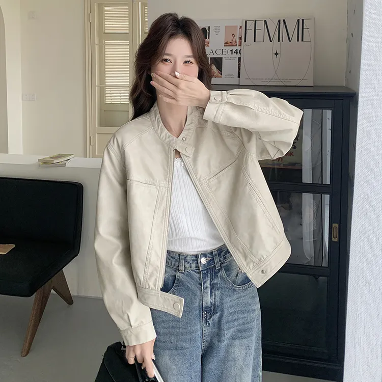 圆领短款pu皮衣外套女春季新款2025机车帅气休闲复古韩版夹克上衣