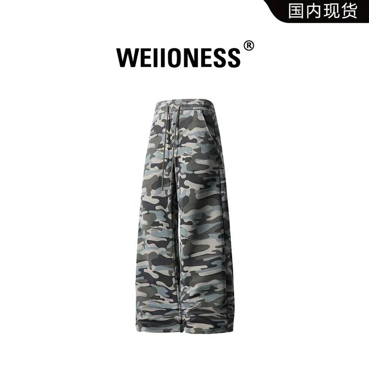 WEIIONESS美式复古迷彩休闲裤男秋季高街弯刀卫裤垂坠感直筒长裤
