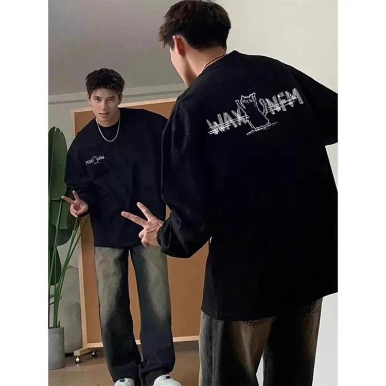 港风小众印花长袖T恤男早春新款宽松重磅痞帅上衣嘻哈学生打底衫